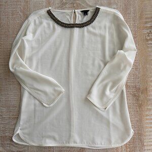 Ann Taylor Ivory Beaded Scoop Neck Mix Media Shirt/Blouse/Top Size Small